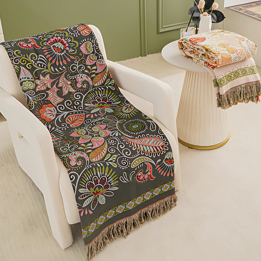 Boho Decke mit Herbstblättern | Wendedesign & Fransen