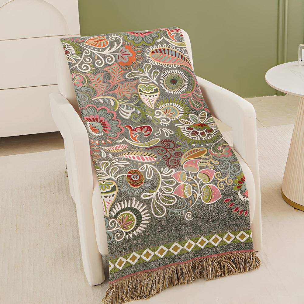 Boho Decke mit Herbstblättern | Wendedesign & Fransen