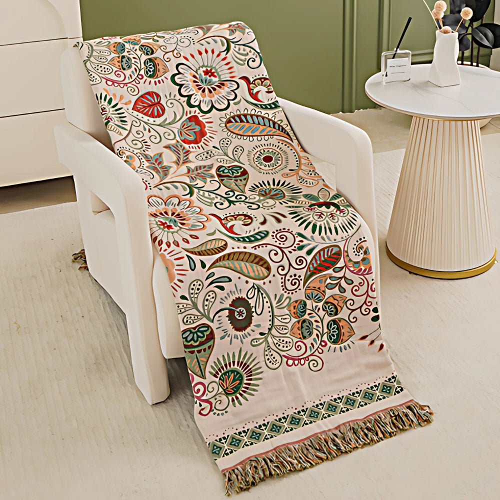 Boho Decke mit Herbstblättern | Wendedesign & Fransen