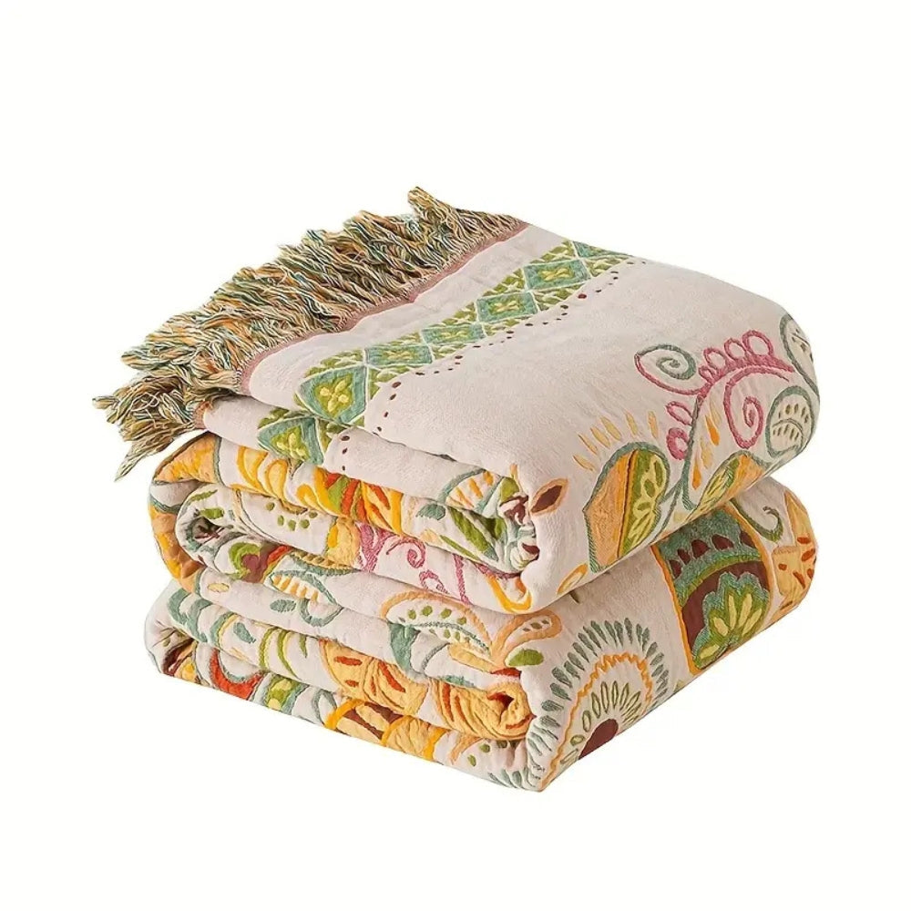Boho Decke mit Herbstblättern | Wendedesign & Fransen