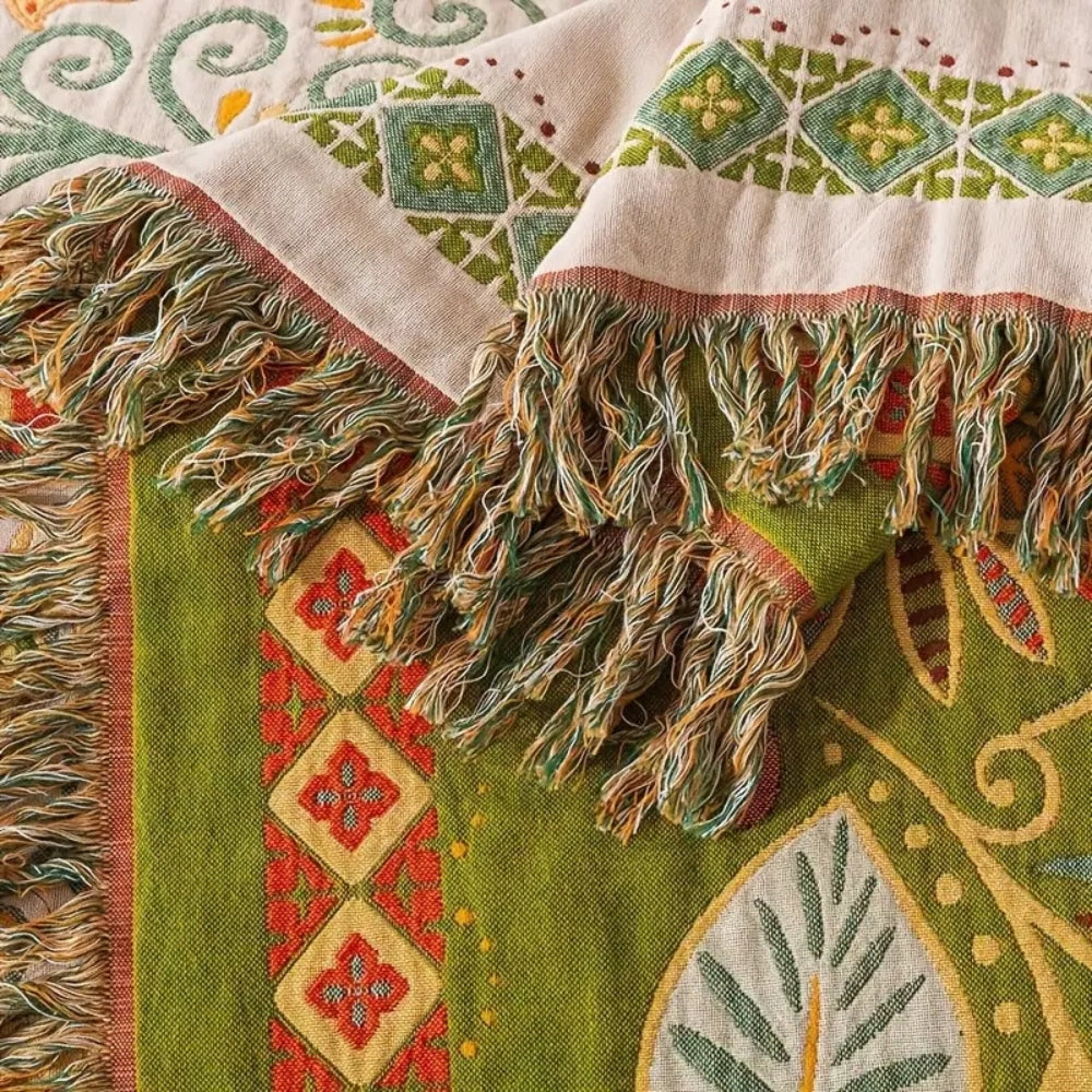 Boho Decke mit Herbstblättern | Wendedesign & Fransen