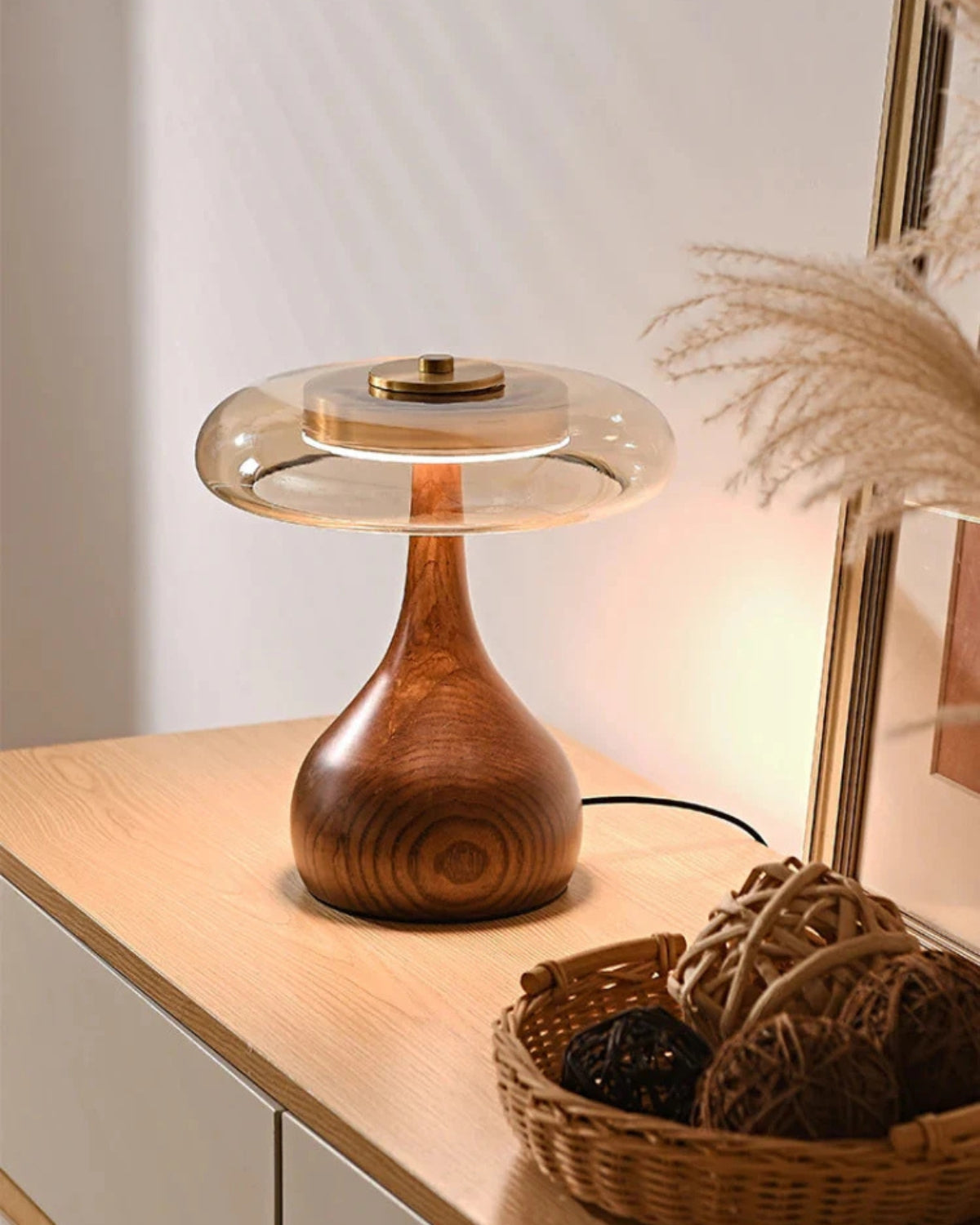 Tischlampe Holz Glas Modern | Wohnzimmer