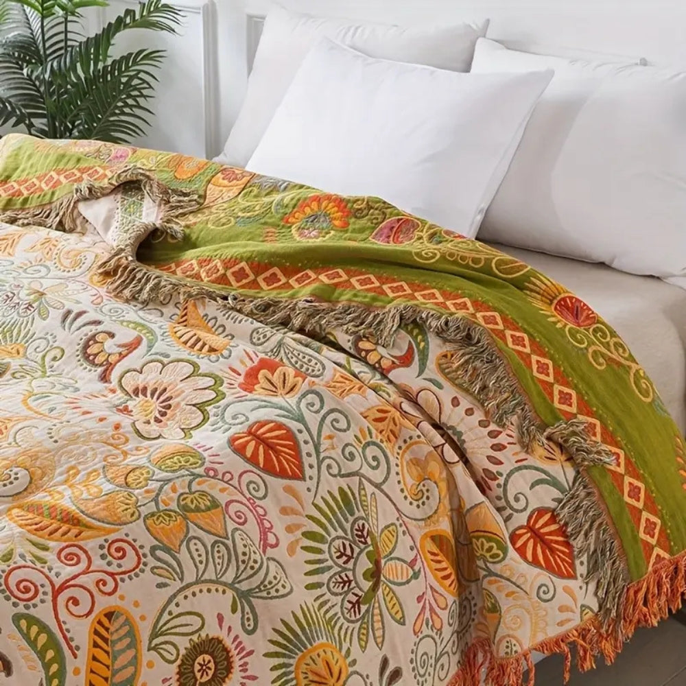 Boho Decke mit Herbstblättern | Wendedesign & Fransen