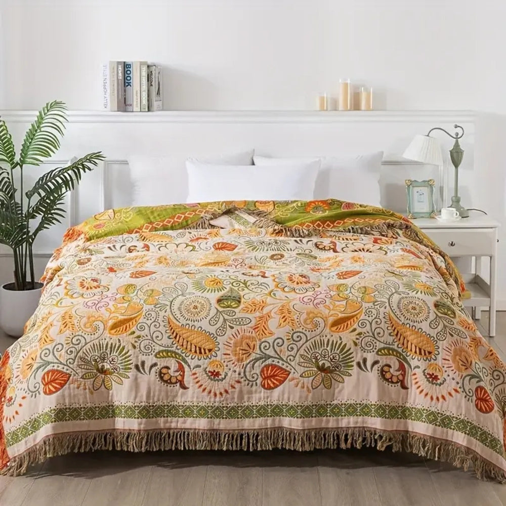 Boho Decke mit Herbstblättern | Wendedesign & Fransen