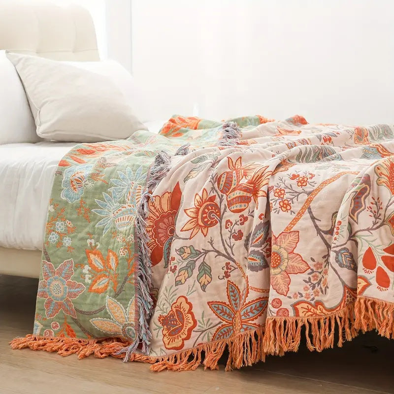 Boho Patchwork Tagesdecke | Sofa Überwurf mit Blumenmuster