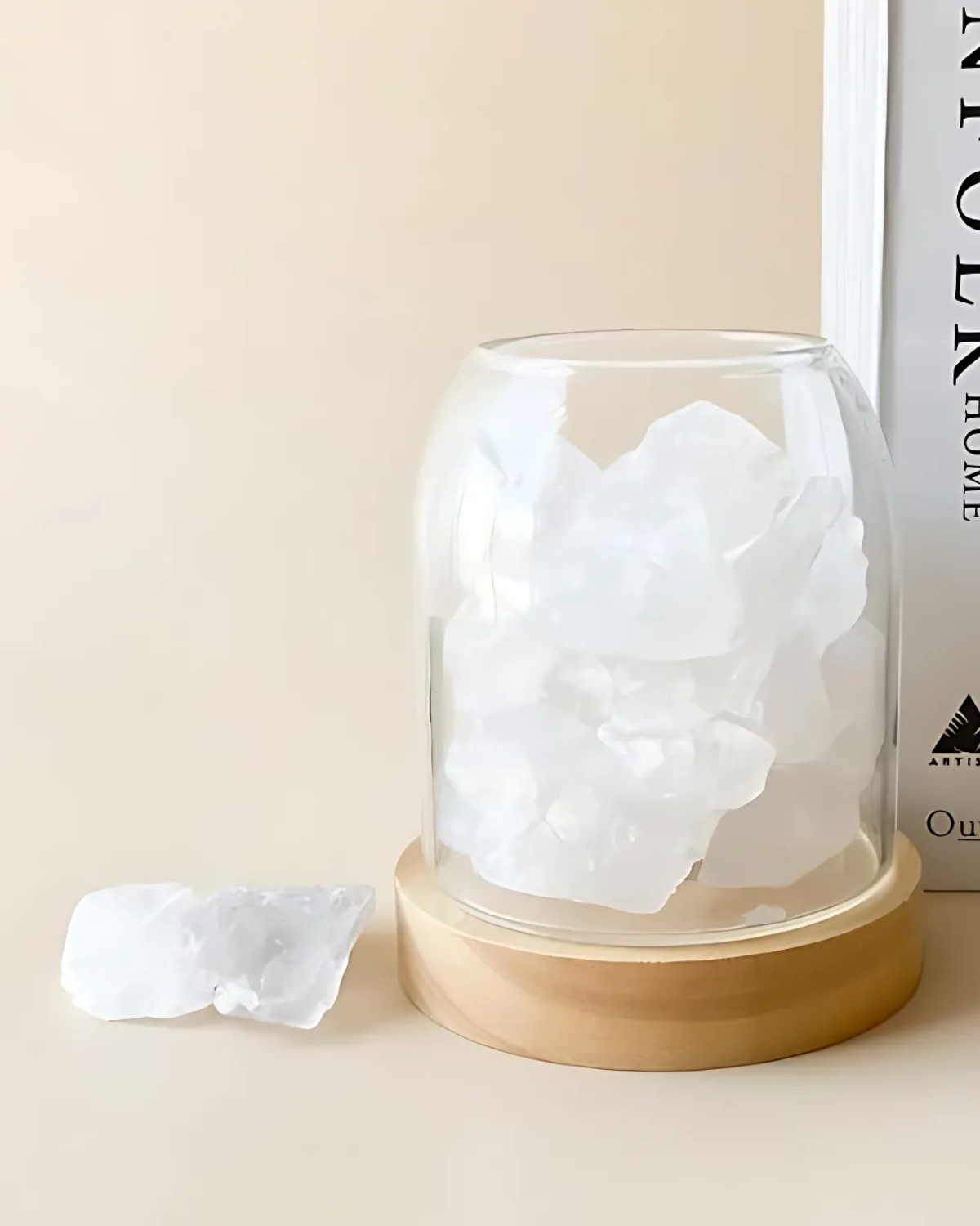 Tischlampe Salzkristall Glas Holz | Wohnzimmer