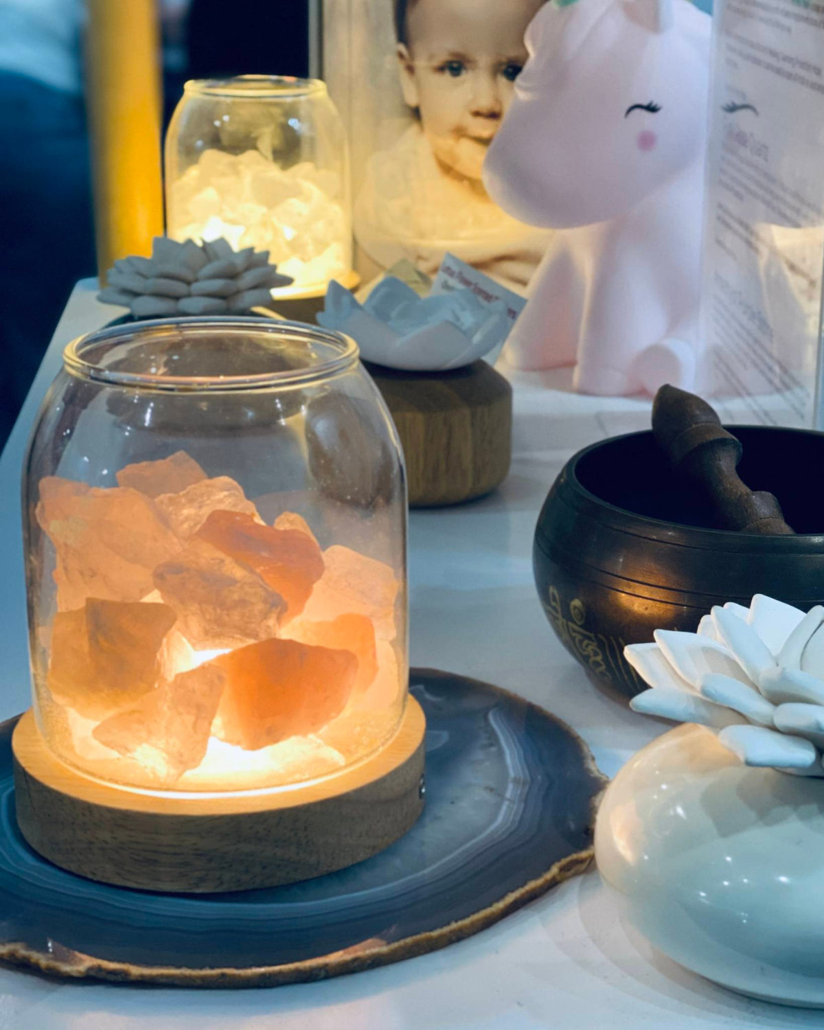 Tischlampe Salzkristall Glas Holz | Wohnzimmer