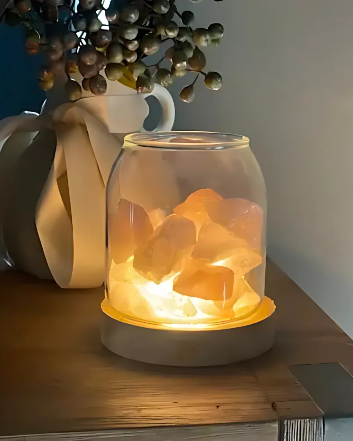 Tischlampe Salzkristall Glas Holz | Wohnzimmer